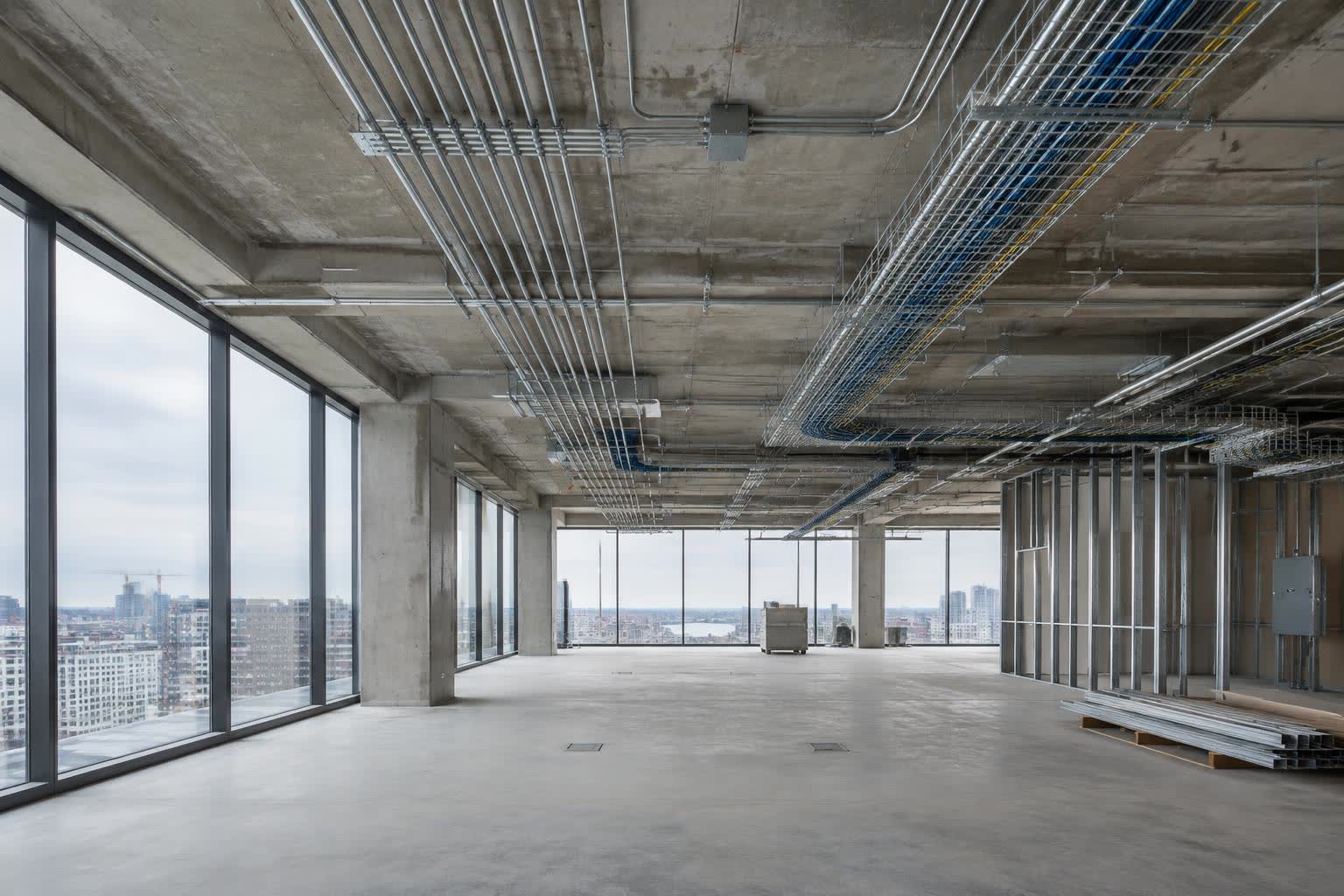 Commercial interior build-out with conduit runs and panel work in progress