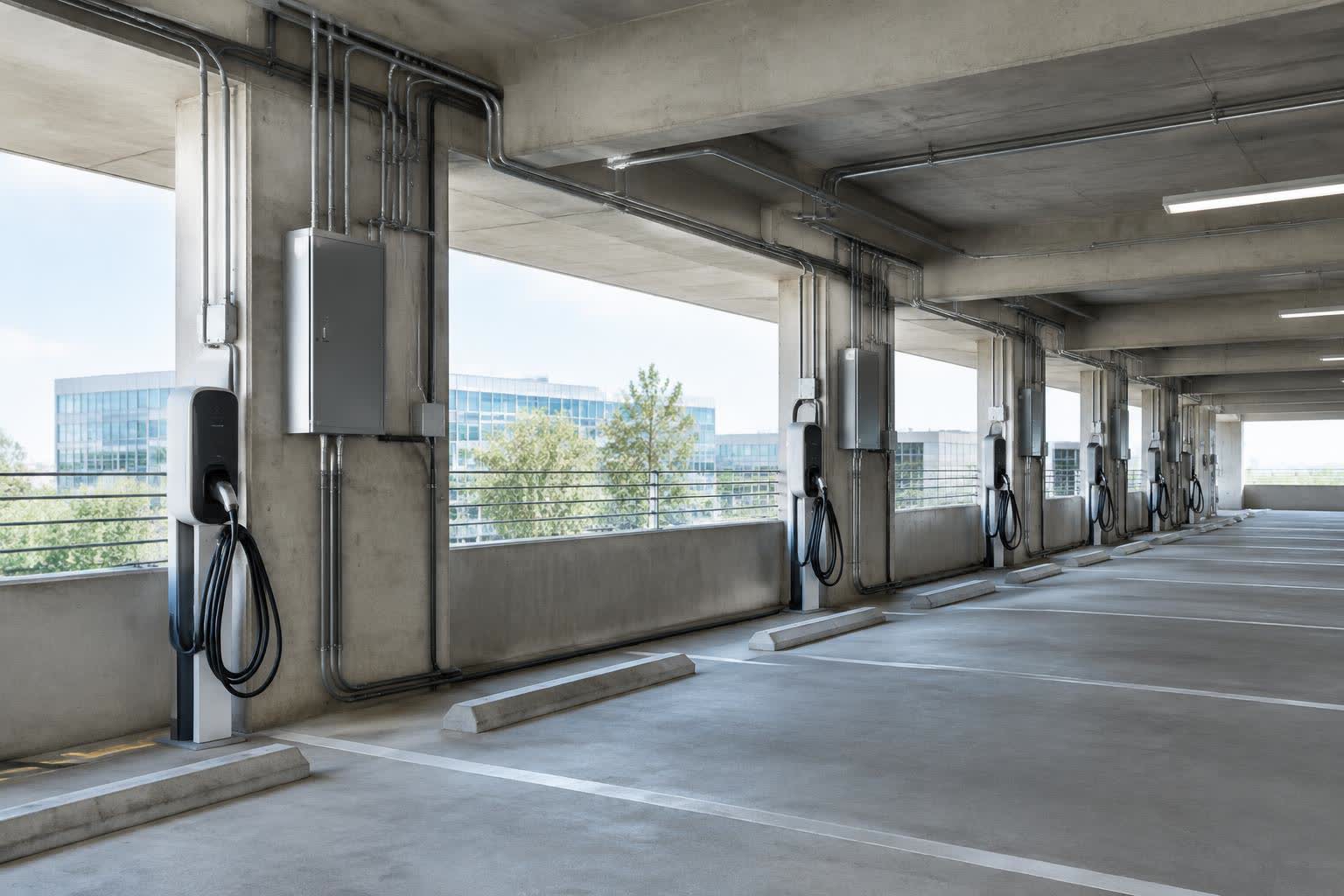 EV charging stations in a modern commercial parking structure