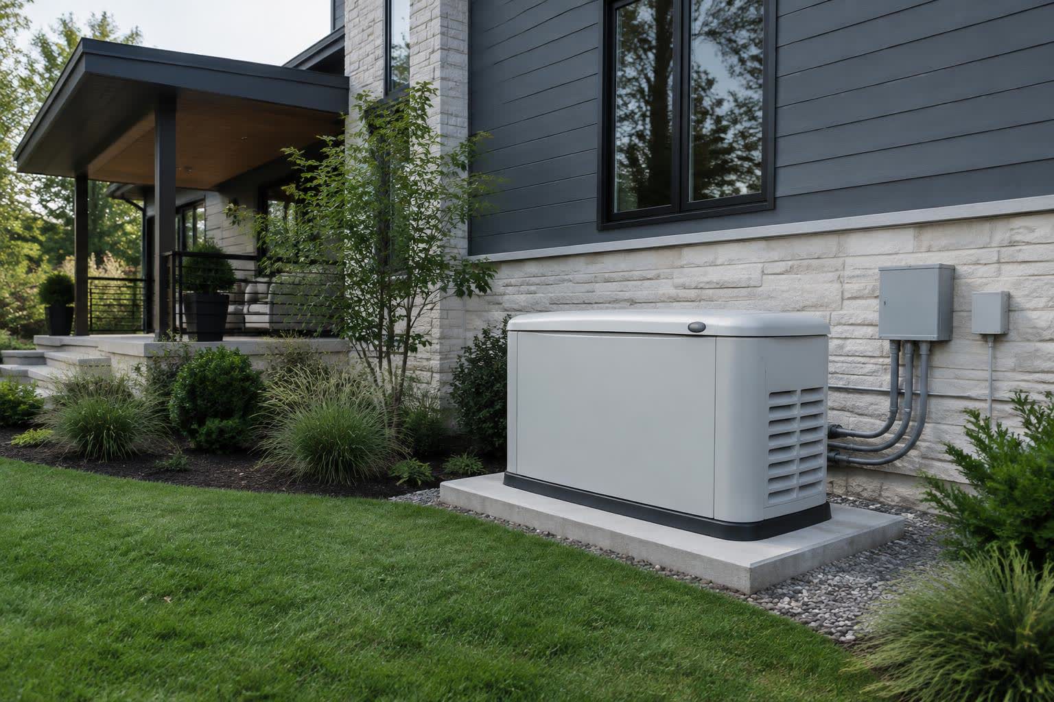 Whole-home standby generator installed beside a contemporary residence